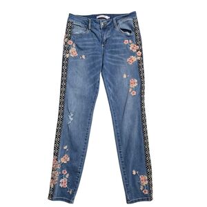Billy T Blue Embroidered Floral  Distressed Skinny Jeans Sz 6 Festival Western